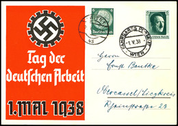 3233 1938, Tag Der Deutschen Arbeit 1. Mai, Zweifarbige Dekorative Gedenkkarte Mit 6 Pfg Hitler Entwertet Mit Stempel "F - Other & Unclassified