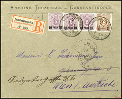 3441 1 1/4 Pia. Auf 25 Pfg Braun Zusammen Mit 3 Stück 10 Pa. Auf 5 Pfg Auf Portogerechtem R-Brief Von "CONSTANTINOPEL 2  - Turquie (bureaux)