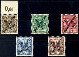 3528 2 P. Auf 3 Pfg - 25 P. Auf 50 Pfg Krone/Adler, 5 Werte Komplett, Dabei Die 3 Pfg Mit Oberrand Und RWZ, Tadellos Pos - German East Africa