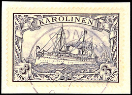 3660 3 Mark Kaiseryacht Tadellos Auf Briefstück, Gepr. Fischer, Mi. 170.-, Katalog: 18 BS - Karolinen