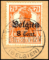 3797 8 C. Auf 7 1/2 Pfg. Germania Rötlichorange, Zw 1,3, Gestempelt "Verviers 6.11.18" Auf Briefstück, Gepr. Hey BPP, Mi - Autres & Non Classés