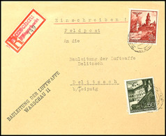 4362 24 Gr. Und 60 Gr. Bauwerke Auf Einschreibe-Brief Mit Seltenem R-Zettel "Warschau Fliegerhorst", Adressiert Nach Del - Other & Unclassified