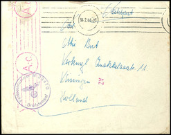 4758 1944, Kriegsmarine, Feldpost-Brief Mit Stummen Maschinen-Stpl. Vom 14.2.44 Nach Vlissingen In Holland Mit OKW-Zensu - Other & Unclassified