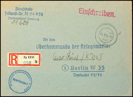 4777 1944, Kriegsmarine, Feldpost-R-Brief An Das Oberkommando Der Kriegsmarine In Berlin Mit Stummen Aufgabe-Stpl. Vom 0 - Andere & Zonder Classificatie