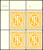 5489 6 Pfg AM-Post, Englischer Druck, Eckrand-4er-Block Mit Platten-Nr. "1C", Tadellos Postfrisch, Eckbug Im Eckrand Ohn - Sonstige & Ohne Zuordnung