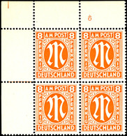 5492 8 Pfg AM-Post, Englischer Druck, Eckrand-4er-Block Mit Platten-Nr. "4D", Tadellos Postfrisch, Unsigniert, Mi. 316,- - Sonstige & Ohne Zuordnung