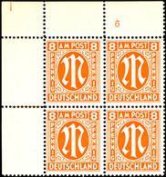 5492 8 Pfg AM-Post, Englischer Druck, Eckrand-4er-Block Mit Platten-Nr. "4D", Tadellos Postfrisch, Unsigniert, Mi. 316,- - Other & Unclassified
