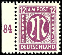 5504 12 Pf. AM-Post Deutscher Druck, Dkl.purpur, Gez. 11½:11, Linkes Randstück, Postfrisch, Mi. 100,-., Katalog: 23C ** - Other & Unclassified