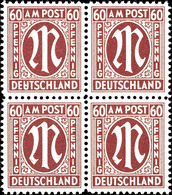 5510 60 Pfg AM-Post, Deutscher Druck, Dunkelkarminbraun Mit Plattenfehler VII Im 4er-Block Mit Normalmarken, Tadellos Po - Sonstige & Ohne Zuordnung