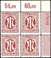 5511 60 Pfg AM-Post, Deutscher Druck, Eckrand-4er-Block Mit Roter Bogenrandzählnummer "7800", Dabei Plattenfehler II, Ta - Other & Unclassified