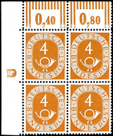 5644 4 Pfg Posthorn, 4er-Block Mit Linker Oberer Bogenecke Und Plattendruck-Oberrändern Sowie Druckerzeichen "4" (Type 2 - Other & Unclassified