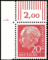 5706 20 Pfg Heuss Mit Linker Oberer Bogenecke Und RZ Sowie Druckerzeichen "1" (Type 1a), Tadellos Postfrisch, Unsigniert - Other & Unclassified