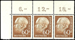 5712 60 Pfg Heuss, Waagerechter Dreierstreifen Vom Eckrand Oben Links, Tadellos Postfrisch, Mi. 215.-+, Katalog: 190(3)  - Sonstige & Ohne Zuordnung