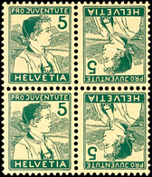 6038 1915, 5C. Pro Juventute + 5C. Pro Junventute, 2 Postfrische Kehrdrucke Als 4-er Blocks, Mi. 300.-, Katalog: K9 ** - Zusammendrucke