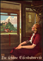 6149 Eisenbahn: Motivkarte "Die Schöne Eisenbahnreise", Frau In Zugabteil Sitzend Und Aus Fenster Auf Landschaft Mit Bur - Sonstige & Ohne Zuordnung