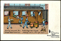 6151 Eisenbahn: Motivkarte "Verkauf Am Bahnsteig", Bahnsteig Mit Eisenbahnwaggon Und Verkäufern Sowie Dem Geschehen Auf  - Autres & Non Classés