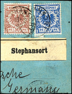 6335 20 Pfg Und 50 Pfg Krone/Adler Auf Briefstück (Paketkartenausschnitt), Stempel STEPHANSORT 15/2 95, Signiert Dr.STEU - German New Guinea