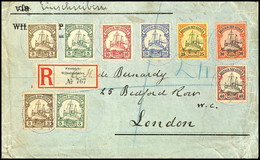 6385 3 (2), 5 (2), 10, 20, 25, 30 Und 40 Pfg Kaiseryacht Auf Einschreibebrief Nach London, Violetter Stempel FRIEDRICH-W - Deutsch-Neuguinea