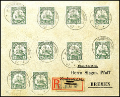 6410 5 Pfg Kaiseryacht (10), Auf Einschreibebrief Nach Bremen, Stempel HERBERTSHÖHE DNG 13/11 07, Mit Provisorischem Ein - German New Guinea