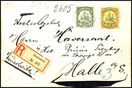 6412 5 Pfg Und 25 Pfg Kaiseryacht Auf Einschreibebrief, Stempel STEPHANSORT* 24.7. 09 Nach Halle. Rückseitig Lacksiegel  - Deutsch-Neuguinea