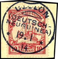 6467 DEULON 19.1 14, Klar Und Zentr. Auf Briefstück 10 Pf. Schiffszeichnung, Gepr. Dr. Lantelme BPP, Katalog: 9 BS - Duits-Nieuw-Guinea