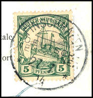 6475 FINSCHHAFEN 27/7 14, Klar Auf Briefstück 5 Pf. Schiffszeichnung, Gepr. R.F.Steuer BPP, Kriegspost!, Katalog: 8 BS - German New Guinea