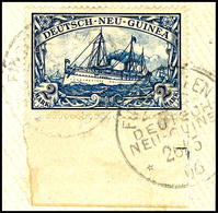 6479 FINSCHHAFEN DNG 26/5 06, 2mal Auf Briefstück Mit Unterrandstück 2 Mk. Schiffszeichnung, Sign. Friedemann, Katalog:  - Nouvelle-Guinée