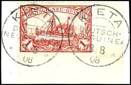 6504 KIETA 18.8 08 , 2mal Klar Auf  Briefstück Rechte Untere Bogenecke 1 Mk. Schiffszeichnung, Gepr. Mansfeld, Katalog:  - Nouvelle-Guinée