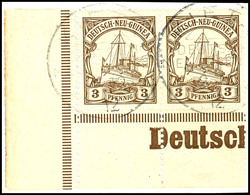 6505 KIETA 2.12 12, Je  Klar Und Zentr. Auf  Briefstück Linkes Unteres Eckrandpaar 3 Pf. Schiffszeichnung, Katalog: 7(2) - Duits-Nieuw-Guinea