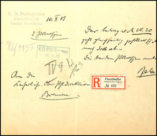 6677 1913, "K.D. Postagentur Finschhafen Deutsch Neu-Guinea" (violetter L3) Auf Rückantwort Der OPD Bremen Als Einschrei - Sonstige & Ohne Zuordnung