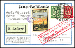 6850 1924, Flugtage Görlitz, Dekorative Karte Mit Frankatur 5+10 Pfg Holztaube Sowie Mehrfarbige Flugvignette über Dresd - Poste Aérienne & Zeppelin