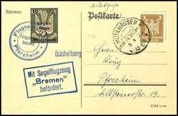 6857 10 Pfg. Auf 100 M. Segelflüge Pforzheim Mit Flugpoststempel Auf Karte Aus MÜHLHAUSEN 5.4.25 Mit 3 Pfg. Freimarke Un - Luchtpost & Zeppelin