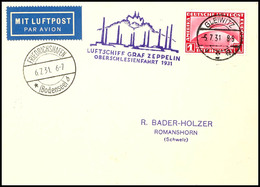 7041 1931, Oberschlesienfahrt, Auflieferung Gleiwitz Bis Friedrichshafen, Karte Mit 1 RM Zeppelin, Adressiert Nach Roman - Other & Unclassified