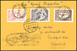 7121 1932, 6. Südamerikafahrt, Argentinische Post, Karte Mit Kpl. Satz Zeppelin 1932 Und Allen Stempeln Nach Deutschland - Other & Unclassified