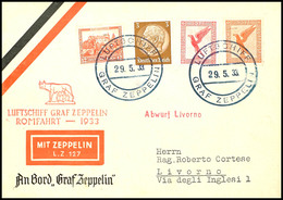 7138 1933, Italienfahrt, Bordpost Vom 29.5. Mit Abwurf Livorno, Vordruckkarte Mit Bunter Frankatur Und Rückseitigem Anku - Andere & Zonder Classificatie