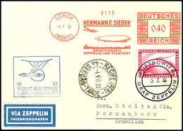 7157 1933, 3. Südamerikafahrt, Bordpost Mit Freistempler, Karte Mit Zeppelin-Freistempel Der Fa. Sieger Und 1 RM Zeppeli - Sonstige & Ohne Zuordnung