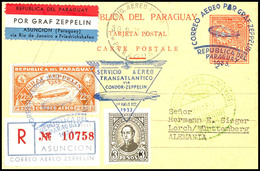 7172 1933, 8. Südamerikafahrt, Paraguayische Post, R-Ganzsachenkarte Mit U.a. 22,50 P. Zeppelinmarke Sowie Allen Stempel - Andere & Zonder Classificatie