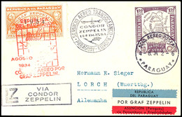 7199 1934, 5. Südamerikafahrt, Paraguayische Post, Karte Mit 22,50 P.  Zeppelinmarke 1934 Sowie Allen Stempeln Nach Deut - Sonstige & Ohne Zuordnung