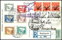 7335 Island: 1932, 5. Südamerikafahrt Mit Auflieferung Friedrichshafen, R-Karte Mit Bunter Frankatur Aus REYKJAVIK 20.VI - Sonstige & Ohne Zuordnung