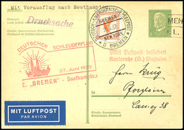 7410 1932, D. Bremen 27.6., Ganzsachenkarte Mit Zufrankatur Und Dt. Seepostaufgabe Vom 26.6. Nach Pforzheim Mit Flugpost - Other & Unclassified