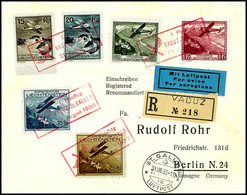 7457 15 Rp. - 1 Fr. Flugpost Kpl. Je Mit Rotem Ra2 "I. Postflug VADUZ-ST.GALLEN 31.August 1930" Auf R-Luftpostbrief Mit  - Liechtenstein