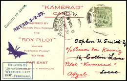 7495 1929, Fernost-Sonderflug, Etappe Calcutta-Akyab, Vordruckkarte "Baron Von Koenig...Boy Pilot" Mit Allen Stempeln Un - Sonstige & Ohne Zuordnung