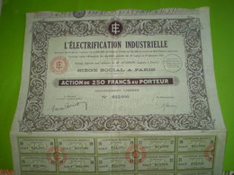 Action L'Electrification Industrielle De 250 Francs Au Porteur N° 22000, Planche De 30 Coupons. Droit De Timbre 1933 - Electricidad & Gas