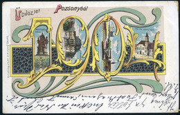 97251 POZSONY 1904. Szecessziós Litho Képeslap, Angliába Küldve. Ritka Szép Darab!  /  POZSONY 1904 Secession Litho - Hungary