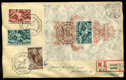 95844 BUDAPEST 1940. Árvíz Blokk Díjkiegészített Ajánlott Levélen MABOE Emlékkiállítás Alkalmi Bélyegzéssel - Covers & Documents