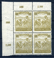 95899 1924 Arató-Parlament 600K ívsarki Négyestömb, Benne Tévnyomat '600/800K'  **/ Mi 395 Corner Block Of 4 Including E - Unused Stamps