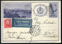 97865 BUDAPEST 1937. Városképes , Arcképek 20f-rel Kiegészített Légi Díjjegyes Levlap Bécsbe - Lettres & Documents