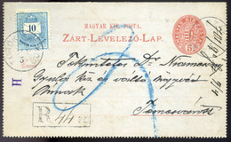 97304 TÖRÖKSZÁKOS / Sacoșu Turcesc  1890. Kiegészített, Ajánlott Zárt Díjjegyes Levlap, Temesvárra. Közjegyzői Levél.  / - Used Stamps