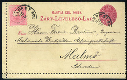 98168 BUDAPEST 1886. Kiegészített Zárt Díjjegyes Levlap Svédországba Küldve  /  1886 Uprated Sealed Stationery P.card To - Oblitérés