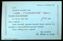 96437 BUDAPEST 1914. Tungsram, Céges Levelezőlap Zomborba - Used Stamps